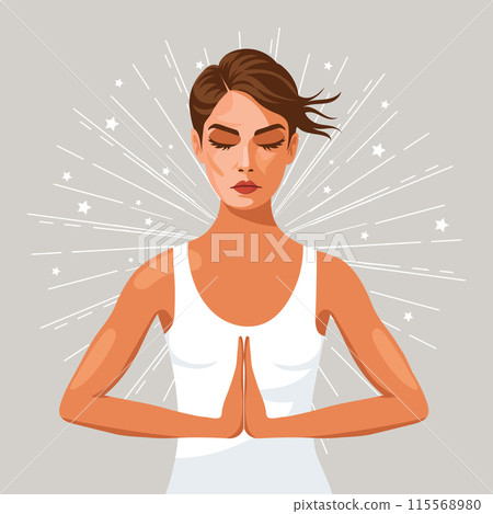 A young woman meditates with her eyes closed against a background of stars. Mental health concept. Illustration. Vector A young woman meditates with her eyes closed against a background of stars. Mental health concept. Illustration. Vector 115568980