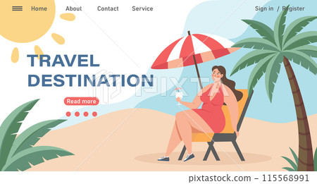 Travel destinations summer landing page. Happy woman on a chaise longue with a cocktail. Beach holiday concept illustration. Vector Travel destinations summer landing page. Happy woman on a chaise longue with a cocktail. Beach holiday concept illustration. Vector 115568991