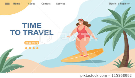 Travel destinations summer landing page. Happy woman in a swimsuit surfing in the sea. Beach holiday concept illustration. Vector Travel destinations summer landing page. Happy woman in a swimsuit surfing in the sea. Beach holiday concept illustration. Vector 115568992