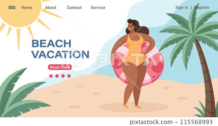 Travel destinations summer landing page. Happy woman in a swimsuit with a swimming ring. Beach holiday concept illustration. Vector Travel destinations summer landing page. Happy woman in a swimsuit with a swimming ring. Beach holiday concept illustration. Vector 115568993