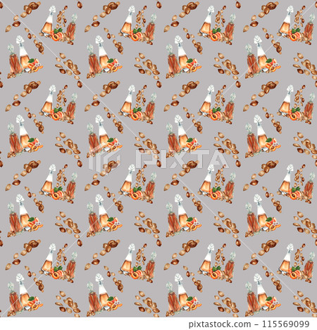 Seamless pattern with watercolor apricot kernels and seeds for design templates for fabric, textiles, wrapping paper, wallpapers, apricot oil in medicine, aromatherapy, cosmetology and cooking 115569099