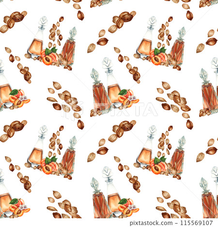 Seamless pattern with watercolor apricot kernels and seeds for design templates for fabric, textiles, wrapping paper, wallpapers, apricot oil in medicine, aromatherapy, cosmetology and cooking Seamless pattern with watercolor apricot kernels and seeds for design templates for fabric, textiles, wrapping paper, wallpapers, apricot oil in medicine, aromatherapy, cosmetology and cooking 115569107