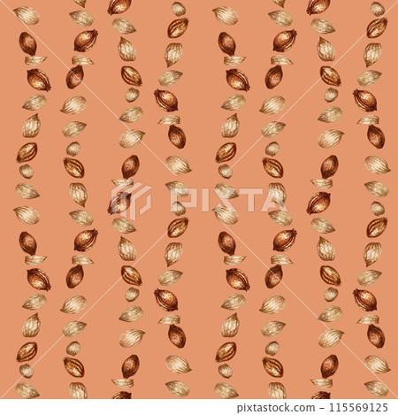 Seamless pattern with watercolor apricot kernels and seeds for design templates for fabric, textiles, wrapping paper, wallpapers, apricot oil in medicine, aromatherapy, cosmetology and cooking 115569125
