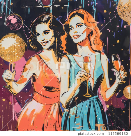 Two Women Celebrating with Sparkling Wine Under Disco Balls 115569180