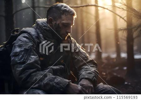 dirty tired soldier sitting in deep forest at winter day, neural network generated image 115569193