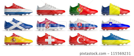 Set of soccer football boots with european flags painted on its. European football match or country championship symbols. 115569231