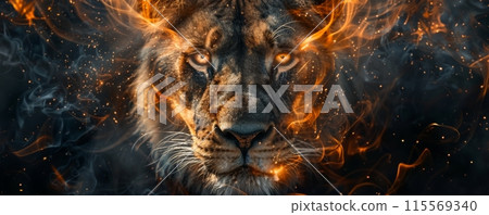 Lion with Fiery Eyes and Burning Mane. Front view of a lion with fiery eyes and a burning mane, surrounded by smoke and sparks, creating a dramatic effect. Banner with copy space Lion with Fiery Eyes and Burning Mane. Front view of a lion with fiery eyes and a burning mane, surrounded by smoke and sparks, creating a dramatic effect. Banner with copy space 115569340