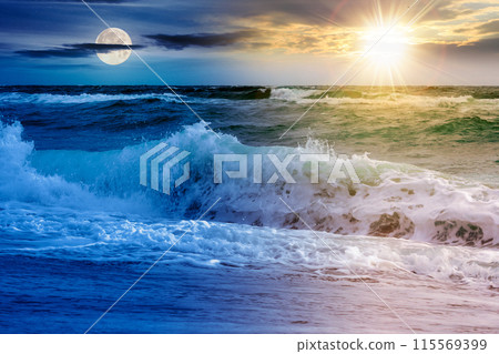 dramatic seascape at summer solstice. waves crashing the shore beneath a sky with sun and moon above horizon. day and night time change concept 115569399