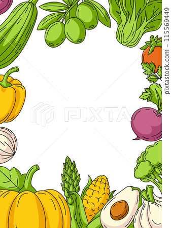 Fresh and healthy farm vegetables, vector vertical poster a4, colorful icons frame. Space for text, isolated background. Organic food, natural veggies. For banner, menu, flyer, cover, farmers market Fresh and healthy farm vegetables, vector vertical poster a4, colorful icons frame. Space for text, isolated background. Organic food, natural veggies. For banner, menu, flyer, cover, farmers market 115569449