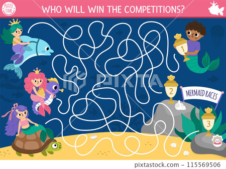 Mermaid races maze for kids with sea princesses riding animals. Marine preschool printable activity. Fairytale ocean kingdom labyrinth game, puzzle. Water life worksheet with competitions 115569506