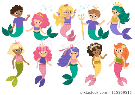 Vector mermaids set. Underwater kingdom collection with ocean princess, prince. Cartoon marine fairytale characters for kids. Water adventures clipart with sirens and mermen 115569515