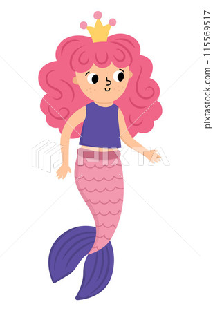 Fairy tale vector mermaid with pink hair. Fantasy fish girl isolated on white background. Fairytale sea princess. Treasure island, pirate, underwater adventure icon. Cute girlish siren character 115569517