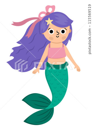Fairy tale vector mermaid with purple hair. Fantasy fish girl isolated on white background. Fairytale sea princess. Treasure island, pirate, underwater adventure icon. Cute girlish siren character 115569519