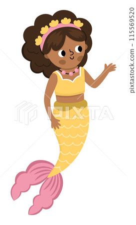 Fairy tale vector mermaid with brown hair. Fantasy fish girl isolated on white background. Fairytale sea princess. Treasure island, pirate, underwater adventure icon. Cute girlish siren character Fairy tale vector mermaid with brown hair. Fantasy fish girl isolated on white background. Fairytale sea princess. Treasure island, pirate, underwater adventure icon. Cute girlish siren character 115569520