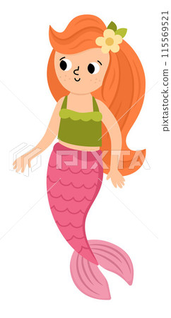 Fairy tale vector mermaid with red hair. Fantasy fish girl isolated on white background. Fairytale sea princess. Treasure island, pirate, underwater adventure icon. Cute girlish siren character Fairy tale vector mermaid with red hair. Fantasy fish girl isolated on white background. Fairytale sea princess. Treasure island, pirate, underwater adventure icon. Cute girlish siren character 115569521