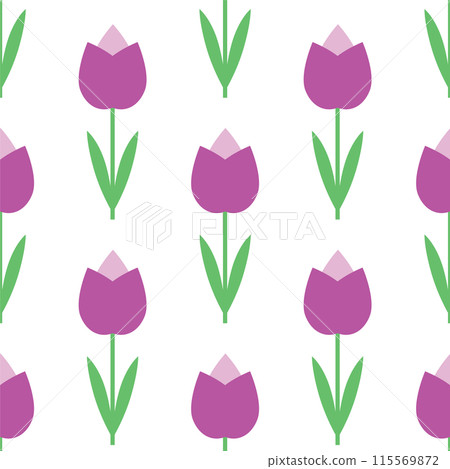 Seamless pattern with purple tulip flowers on white background texture vector. Floral fabric print. Gift wrapping paper. Summer or spring backdrop. Repeating tile. Abstract design template element 115569872