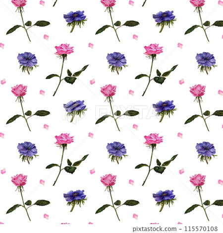 Seamless pattern with roses and anemones. Floral pattern for wallpaper or fabric. Seamless pattern with roses and anemones. Floral pattern for wallpaper or fabric. 115570108