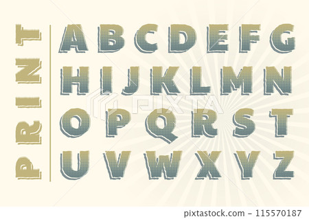 Print 3D vintage halftone alphabet poster. Collage style stencil letters with shadow and polka dot decor. Letters, Numbers, punctuation marks. Retro ABC collection. Typography vector illustration. Print 3D vintage halftone alphabet poster. Collage style stencil letters with shadow and polka dot decor. Letters, Numbers, punctuation marks. Retro ABC collection. Typography vector illustration. 115570187