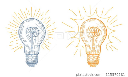 Two light bulb, one yellow and one blue ray. Engraving style. 115570281