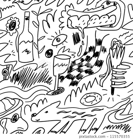 Picnic food seamless pattern. Wicker basket, blankets, romantic outdoor lunch, wine and baguette wallpaper. Picnic food seamless pattern. Wicker basket, blankets, romantic outdoor lunch, wine and baguette wallpaper. 115570355