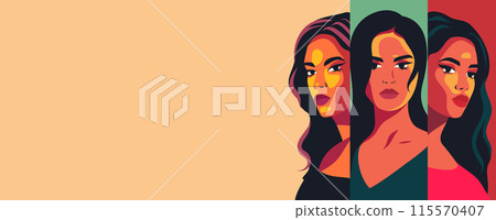 Vector banner for Women's Day with place for text. Beautiful women from different cultures stand side by side. Feminism concept, gender equality, protection of rights and freedoms, women's rights 115570407