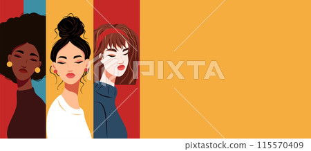Vector banner place for text, beautiful stylish women girls, different skin colors, culture, standing together, female power. Vector concept of movement for gender equality and women's empowerment 115570409