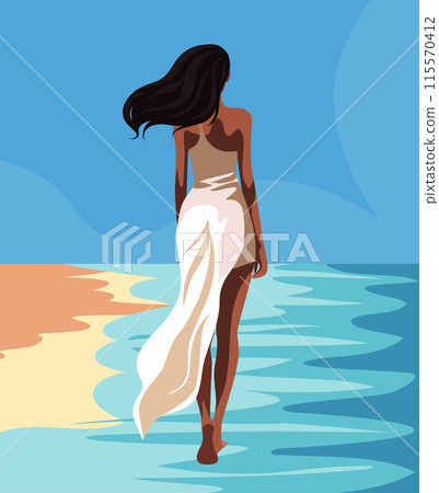 Vector flat illustration. A beautiful, slender girl on vacation walks along the beach in a white light dress. View from the back. Tanned woman. Walk along the seashore Vector flat illustration. A beautiful, slender girl on vacation walks along the beach in a white light dress. View from the back. Tanned woman. Walk along the seashore 115570412