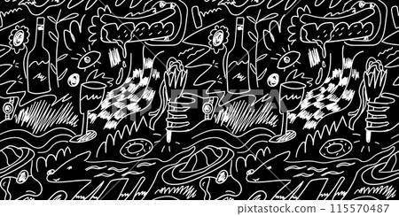 Picnic food seamless pattern on black background. Wicker basket, blankets, romantic outdoor lunch, wine and baguette wallpaper. 115570487