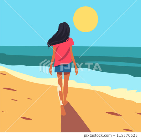 Vector illustration of a graphic on the theme of tourism and recreation, flat style. Girl on vacation tourist on the beach. Walk along the seashore of the ocean 115570523