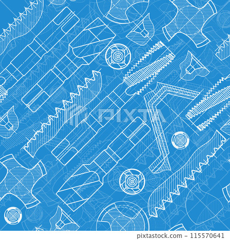 Mechanical engineering drawings on blue background. Tap tools, borer. Technical Design. Cover. Blueprint. Seamless pattern. Vector illustration. 115570641