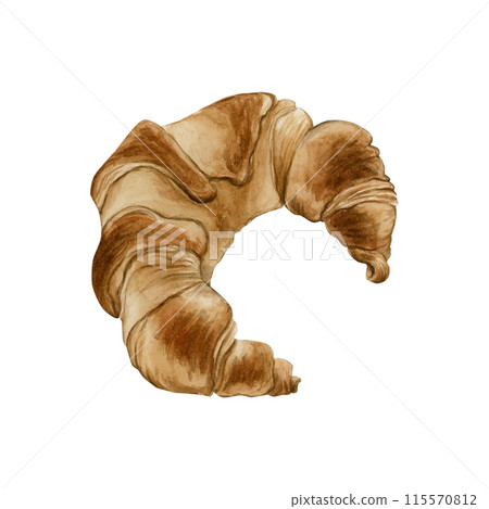 Croissant. French puff flaky bakery dessert. Cafe sweet food watercolor illustration hand painted isolated on white background. Bagel for confectionery design, cafe menu, table textile, packages 115570812