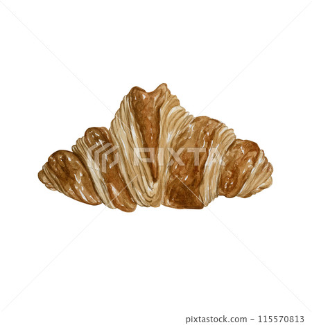 Croissant. French puff flaky bakery dessert. Cafe sweet food watercolor illustration hand painted isolated on white background. Bagel for confectionery design, cafe menu, table textile, packages Croissant. French puff flaky bakery dessert. Cafe sweet food watercolor illustration hand painted isolated on white background. Bagel for confectionery design, cafe menu, table textile, packages 115570813