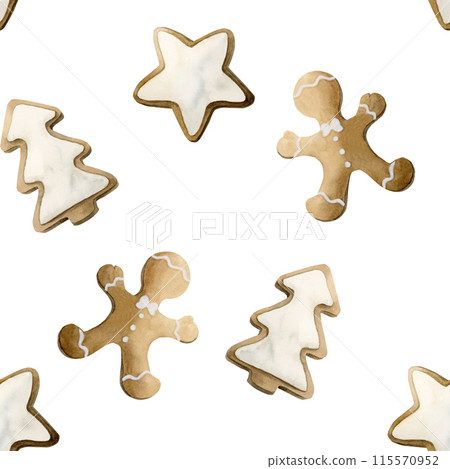 Gingerbread cookies. Watercolor seamless pattern on white background with Christmas sweets for holiday design, table textile, delicious prints, winter fabrics, gift wrapping paper 115570952