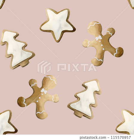 Gingerbread cookies. Watercolor seamless pattern on peach pink background with Christmas sweets for holiday design, table textile, delicious prints, winter fabrics, gift wrapping paper Gingerbread cookies. Watercolor seamless pattern on peach pink background with Christmas sweets for holiday design, table textile, delicious prints, winter fabrics, gift wrapping paper 115570957