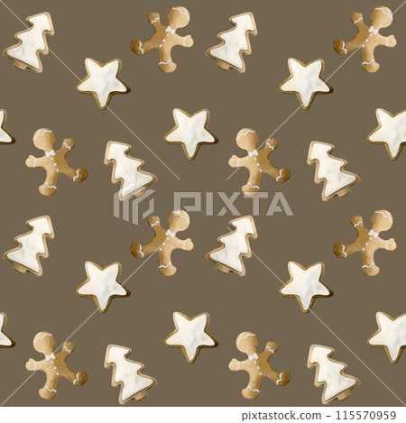 Gingerbread cookies. Watercolor seamless pattern on brown background with Christmas sweets for holiday design, table textile, delicious prints, winter fabrics, gift wrapping paper Gingerbread cookies. Watercolor seamless pattern on brown background with Christmas sweets for holiday design, table textile, delicious prints, winter fabrics, gift wrapping paper 115570959