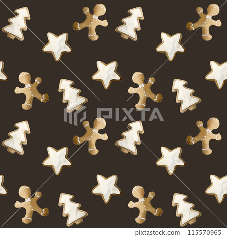 Gingerbread cookies. Watercolor seamless pattern on dark background with Christmas sweets for holiday design, table textile, delicious prints, winter fabrics, gift wrapping paper 115570965