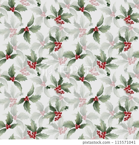 Holly berry branches with red berries and leaves. Watercolor seamless pattern on blue background with Christmas floral elements for holiday design, table textile, winter fabrics, gift wrapping paper 115571041