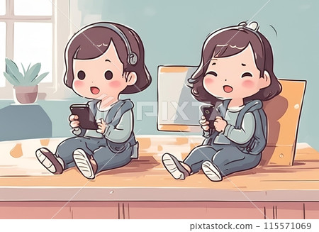 Children learning via educational phone apps happily.Cartoon Retro Abstract art.AI Generated 115571069