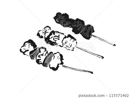 手繪日式毛筆插畫三件烤雞肉串 115571402