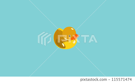 Yellow duckling on turquoise background, children toy duck, bath toy rubber duck, bathing duck 115571474