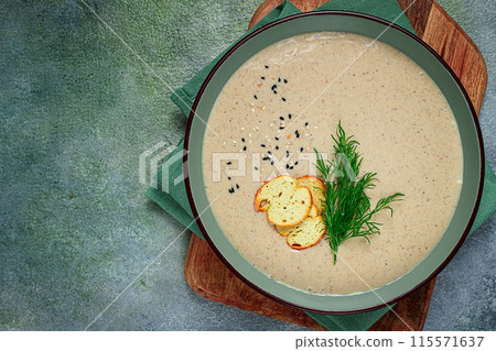 mushroom cream soup, with dill and bruschetta, mushroom eringi, 115571637
