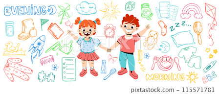 Daily routine doodle icons, funny cartoon kids doing every day activities Daily routine doodle icons, funny cartoon kids doing every day activities 115571781