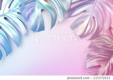 Dreamy, vibrant background with holographic tropical leaves. Copy space for text. Color gradient, y2k style, 2000s. Iridescent surface. Monstera plant. Generative AI. Dreamy, vibrant background with holographic tropical leaves. Copy space for text. Color gradient, y2k style, 2000s. Iridescent surface. Monstera plant. Generative AI. 115572015