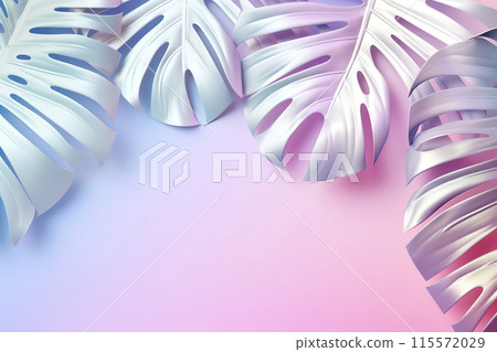 Dreamy, vibrant background with holographic tropical leaves. Copy space for text. Color gradient, y2k style, 2000s. Iridescent surface. Monstera plant. Generative AI. 115572029