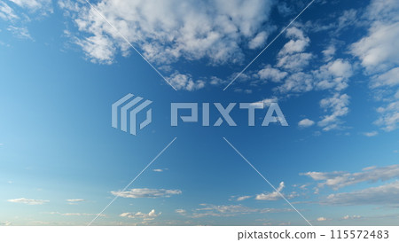 Clear gradient blue sky in tropical summer sunlight. Beautiful sunny clear blue sky in tropical summer with cumulus and cirrocumulus on different layers clouds. Timelapse. 115572483