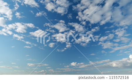 Tropical summer sunlight. Blue sky with cirrocumulus and cumulus on different layers clouds. Fluffy layered clouds sky atmosphere. Timelapse. 115572516