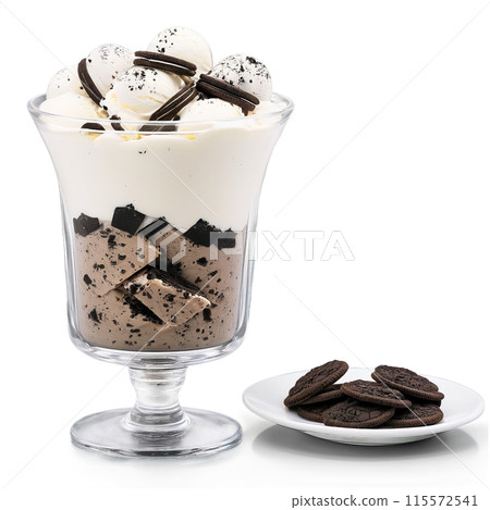 Cookies and cream ice cream in a glass parfait dish layered with crushed Oreo cookies-transparent-3 Cookies and cream ice cream in a glass parfait dish layered with crushed Oreo cookies-transparent-3 115572541