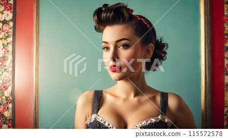 Pin up Perfection A woman with victory rolls hairstyle dressed in a polka dot br 115572578
