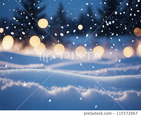 Cute Christmas night landscape covered with fresh snow. Wonderful winter village. New Year Christmas atmosphere. Festive enchanting winter wonderland. Snowflakes, snowdrifts and hills. AI generated 115572667