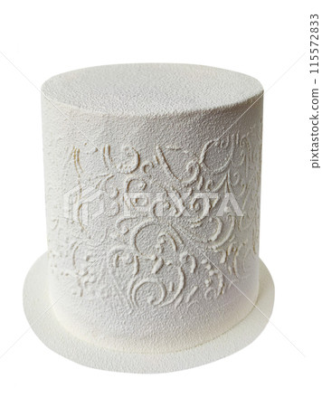 White cake with lace decorated with a spray gun in the velor technique 115572833
